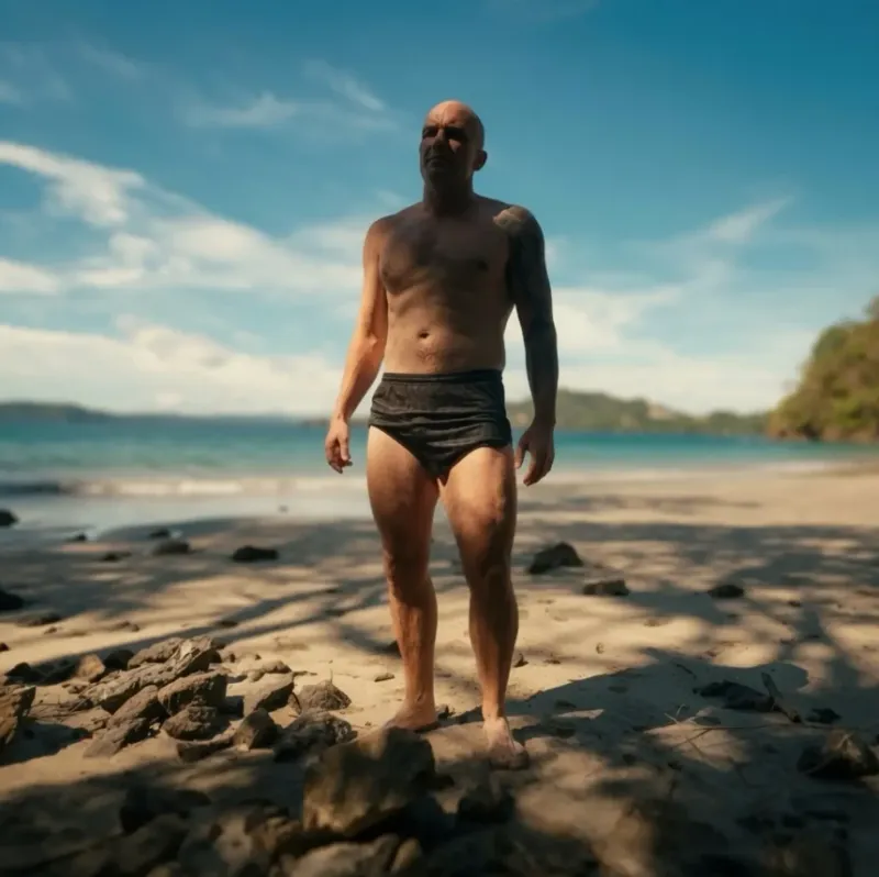 Josh in silkies on a beach in Costa Rica